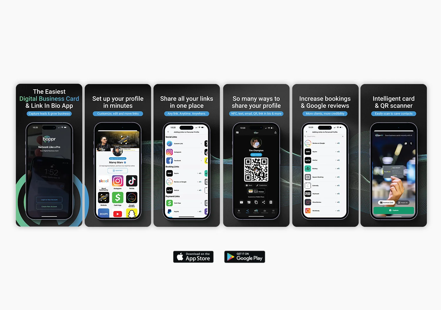 Six Boppr app store screenshots covering profile setup, link sharing, QR and NFC sharing, bookings and reviews, and the card scanner