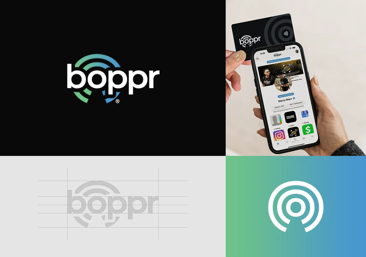 Four-panel brand collage — the logo on black, a hand holding a Boppr NFC card beside a phone showing a Boppr profile, the logo construction grid, and the app icon on a green-to-blue gradient