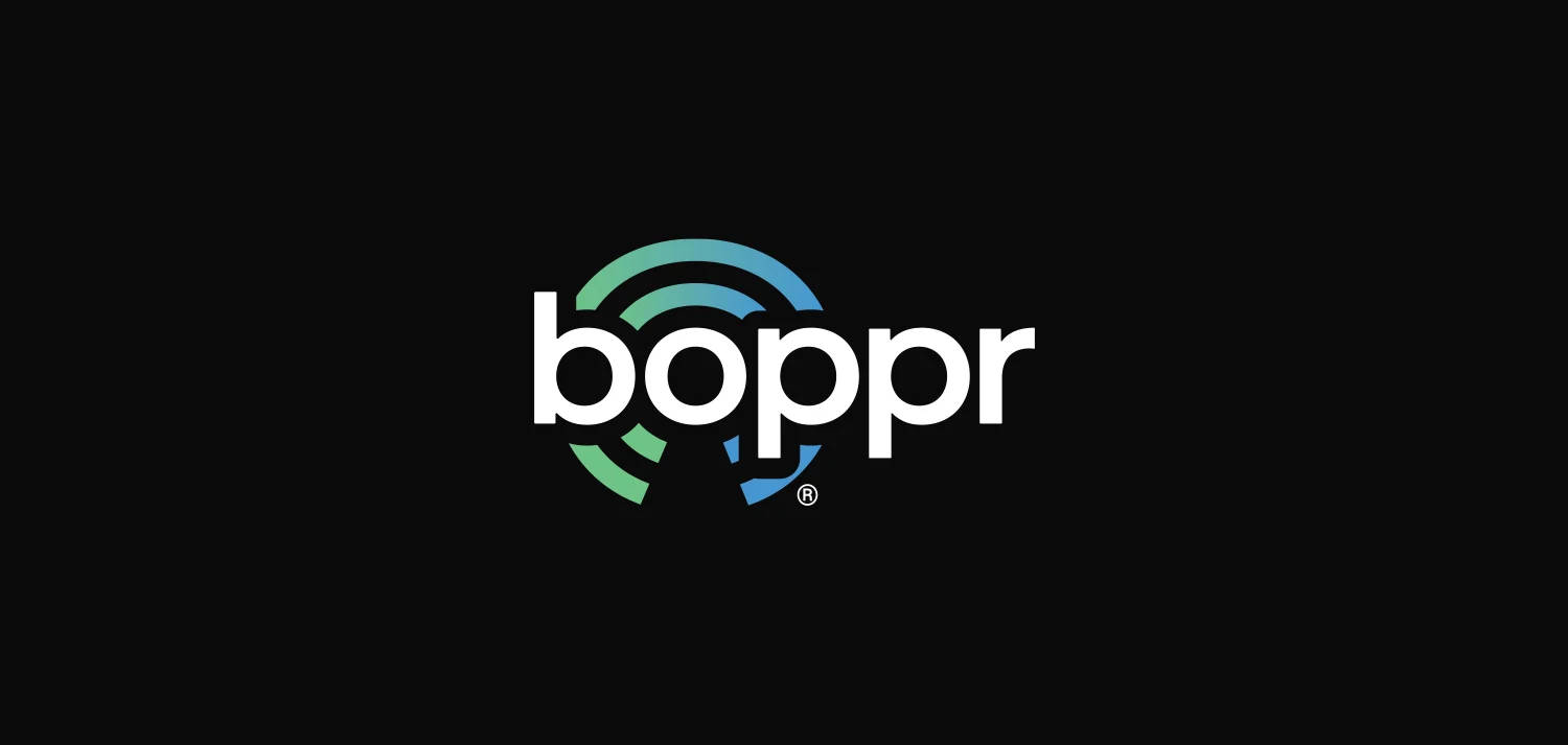 The Boppr logo — white lowercase wordmark with a green-to-blue concentric arc mark, on black