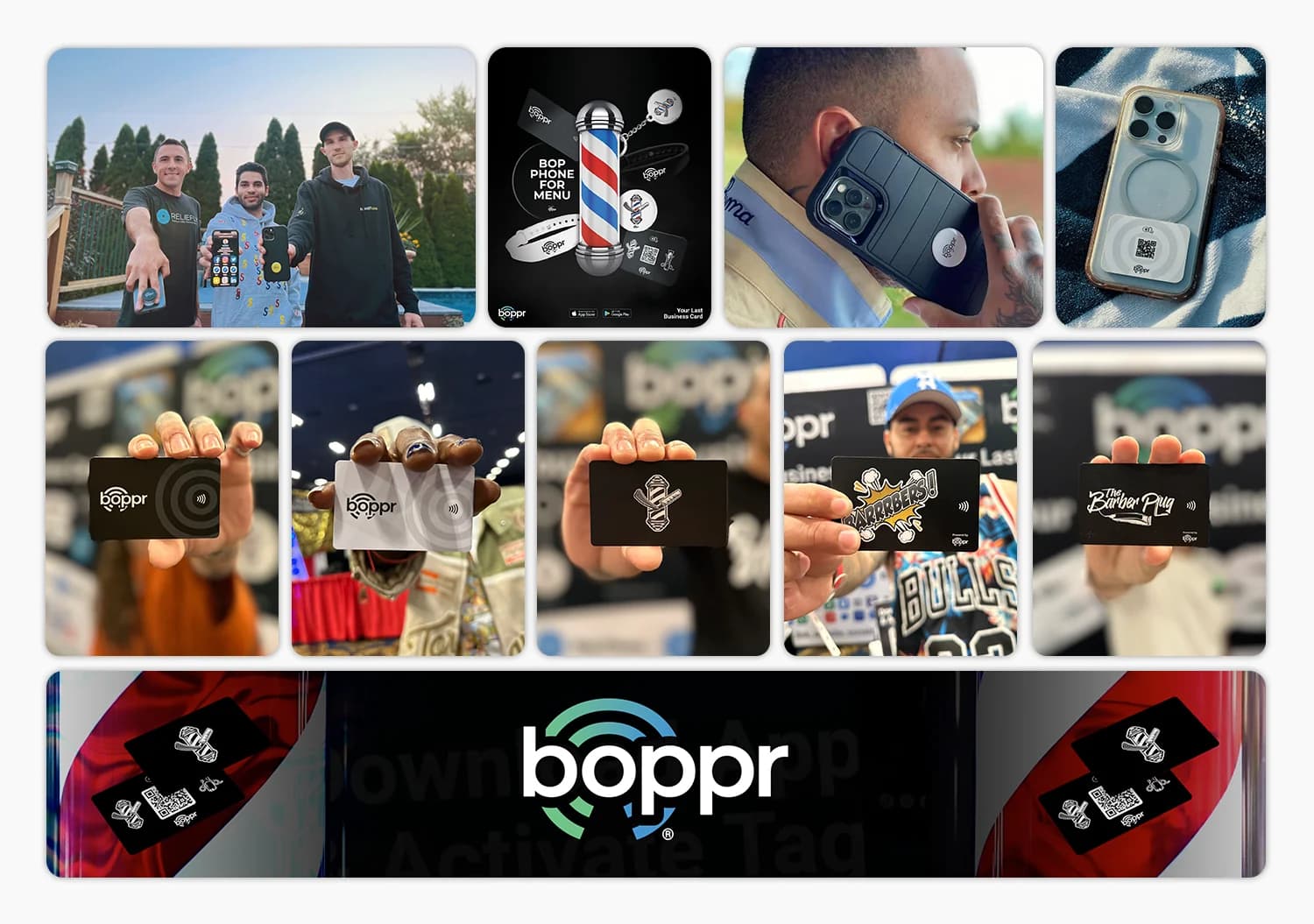 Grid of Boppr marketing photography — barbers and customers holding black NFC connection cards at expos, a phone with a Boppr sticker tag, and a barber-pole promo graphic