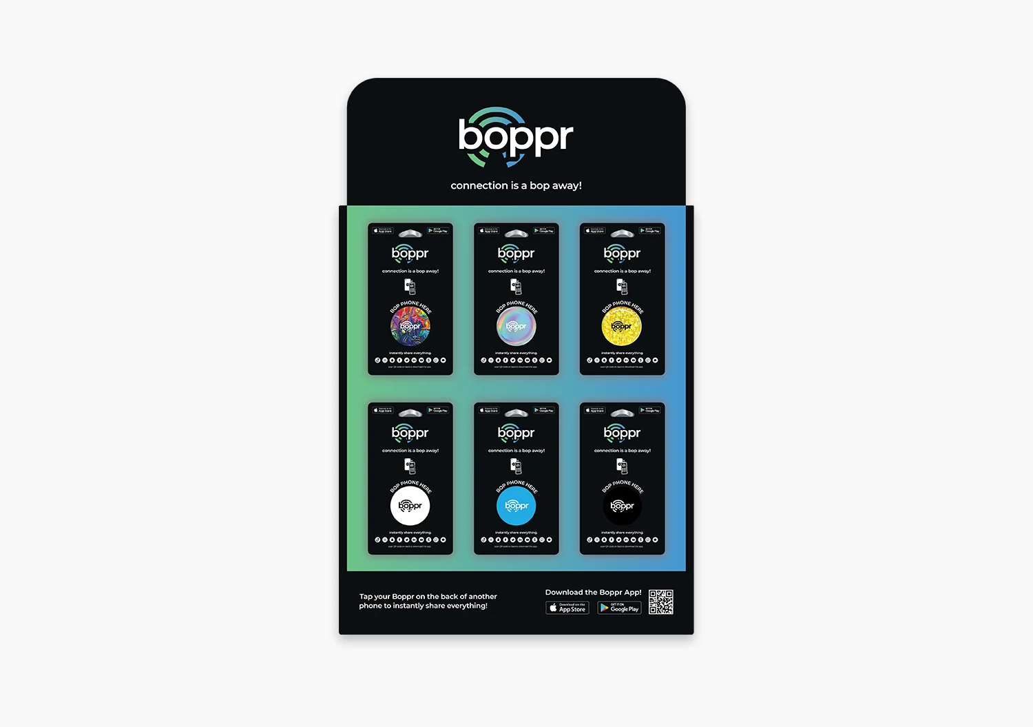 Boppr retail end cap display holding six packs against a green-to-blue gradient panel, headed “connection is a bop away!”