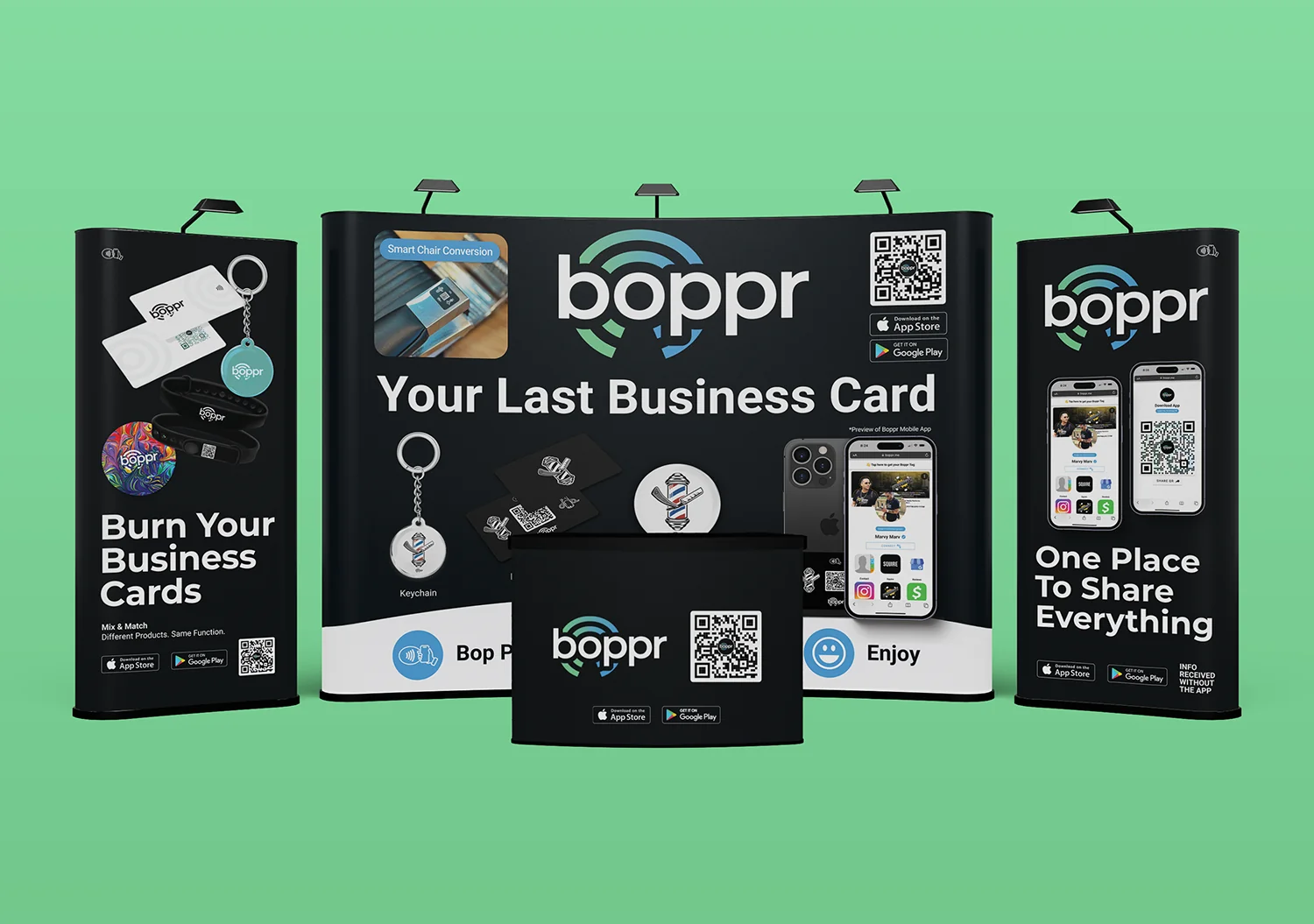 Boppr trade show display on a green background — a curved centre banner reading “Your Last Business Card” flanked by “Burn Your Business Cards” and “One Place To Share Everything” pull-ups, with a branded counter