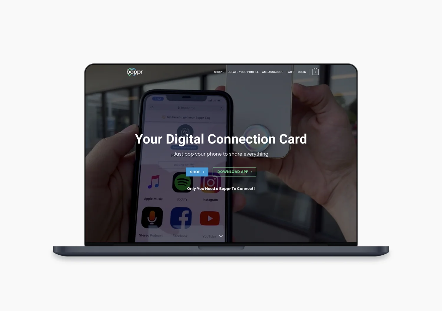 The Boppr website on a laptop, headlined “Your Digital Connection Card — just bop your phone to share everything”